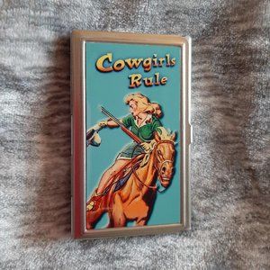 Cowgirls Rule Silver tone metal card case